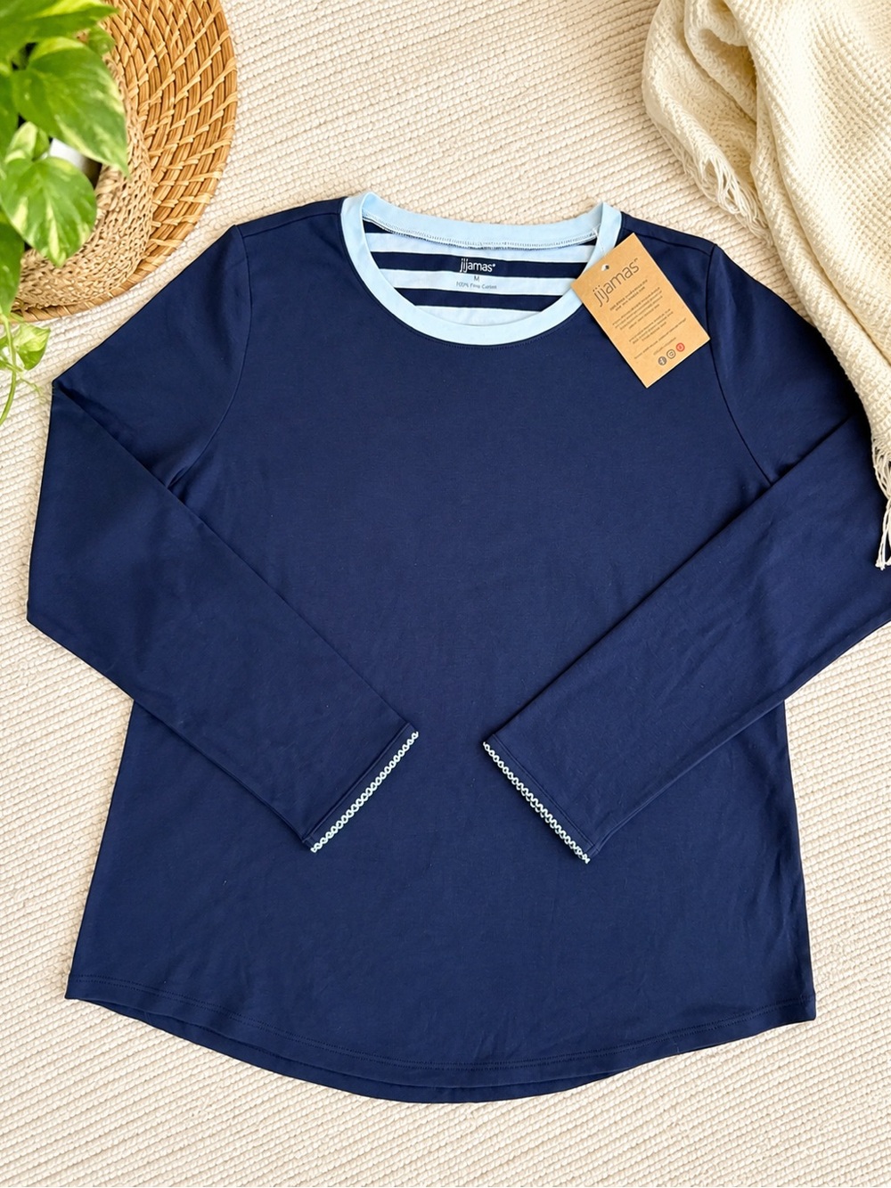 Jijamas 100% Pima Cotton Long Sleeve Pajama Top NWT Navy Blue Size Medium